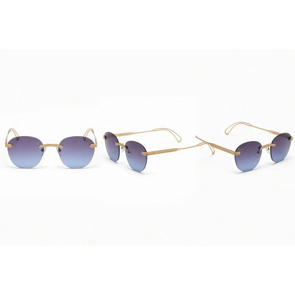Mens Rimless Gold Round Sunglasses Blue Gradient Lens Metal Frame Hip Hop Trendy
